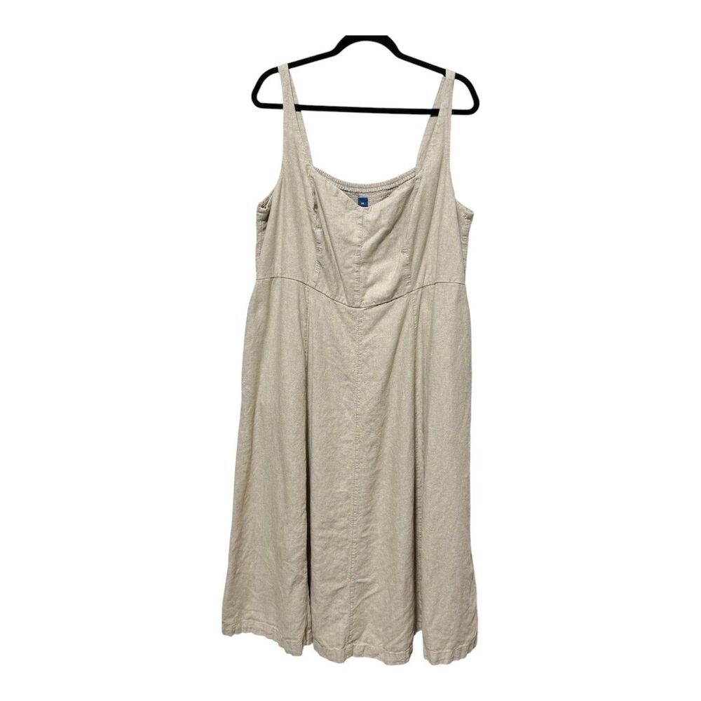 Old Navy Womens 2X Flax Linen Blend Midi Dress Beige Notch Neck Smocked Pockets